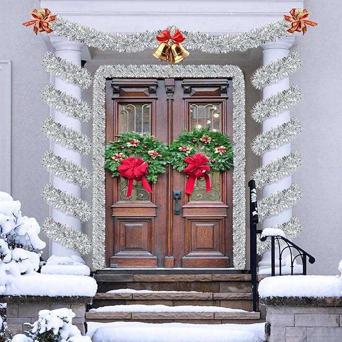 50 Feet Silver Christmas Tinsel Garland Metallic Twist Shiny Hanging Garland for Christmas Tree Decorations Xmas Holiday Decor for Home Indoor Outdoor Party Supplies (Silver)