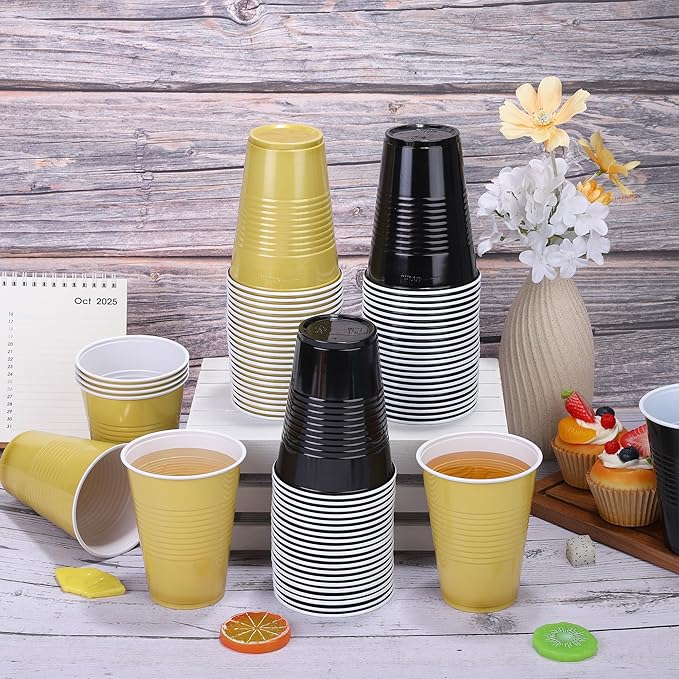 50 Pack 16 Ounce Disposable Plastic Cups Black and Gold Plastic Party Cups Heavy Duty Drinking Cup Bulk for Party Graduation Wedding Birthday Halloween Festival Supplies