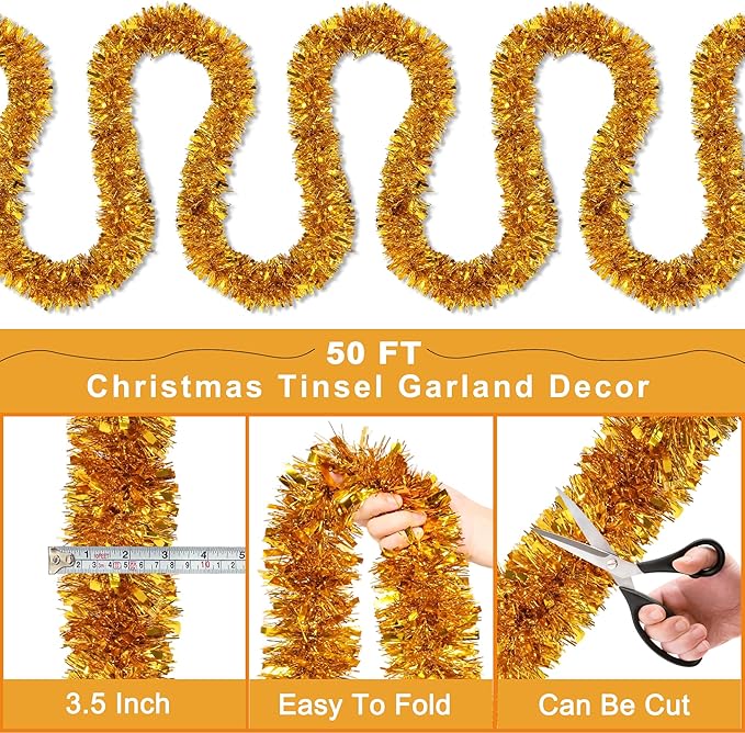 50FT Gold Christmas Tinsel Garland Metallic Twist Xmas Garland for Christmas Tree Decorations Holiday Hanging Garlands for Mantel Staircase Indoor Outdoor Home Office Class Party Holiday Decor