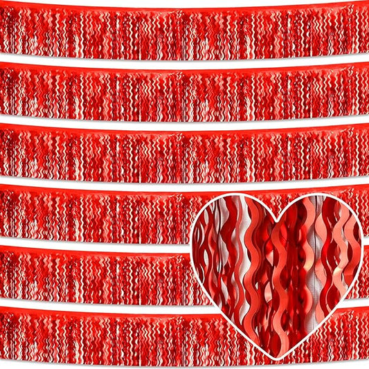6 Pack 10 Feet Red Wave Foil Fringe Garland Metallic Tinsel Streamers Banner Wall Hanging Curtain Backdrop for Parade Floats, Mother's Day, Easter, Wedding, Birthday Party Decoration