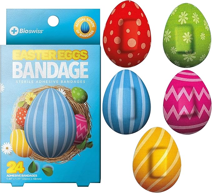 BioSwiss Kids Bandages, Easter Egg Shaped Self Adhesive Bandage Set, Latex Free, Sterile Wound Care, 24 Count