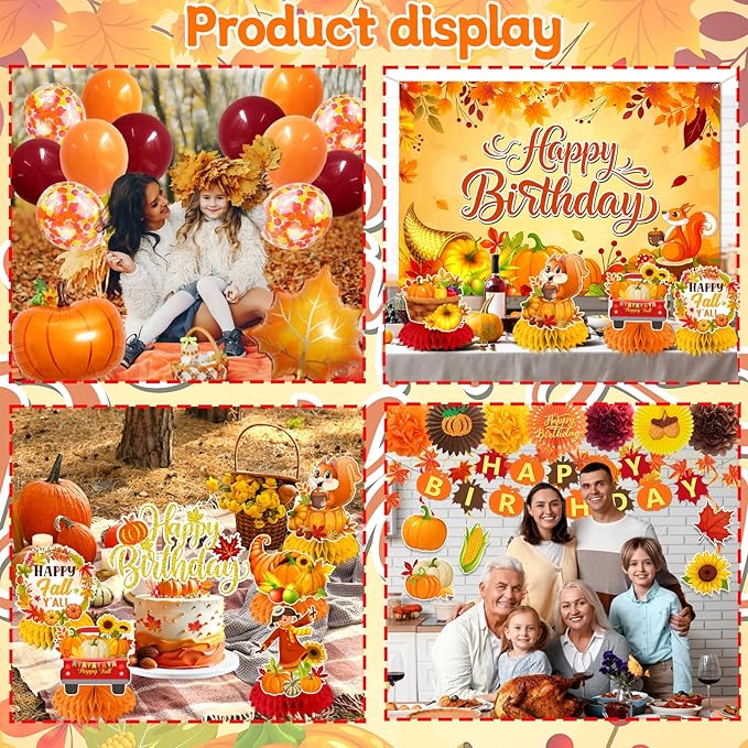 Fall Decorations Fall Birthday Party Decorations Include Autumn Backdrop Banner Cake Topper Honeycomb Pumpkin Balloon for Thanksgiving Birthday Decorations