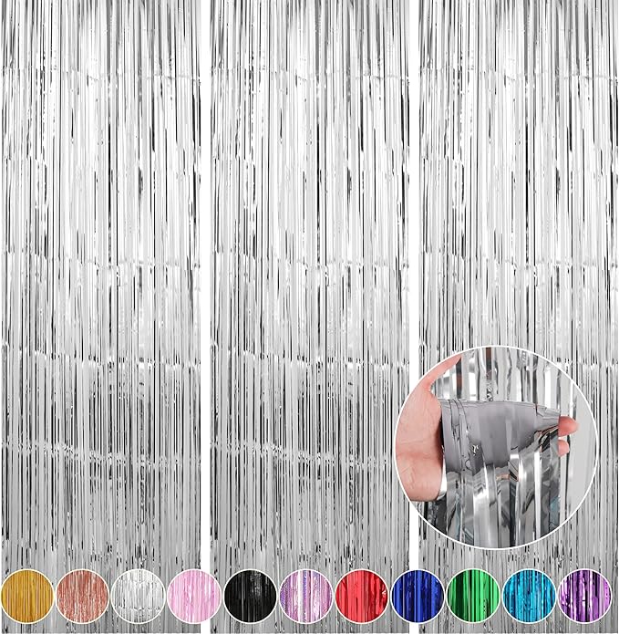 Crosize 3 Pack 3.3 x 9.9 ft Silver Foil Fringe Backdrop Curtain, Streamer Backdrop Curtains, Streamers Birthday Metallic Paper Party Decorations, Tinsel Curtain for Parties, Photo Booth Backdrops