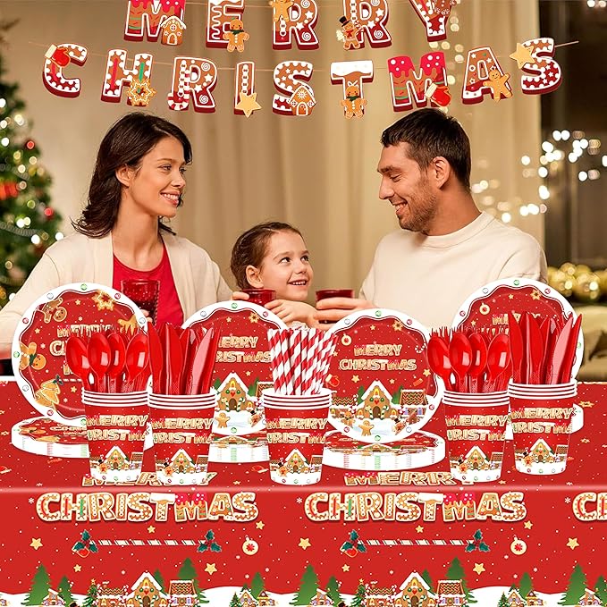 Christmas Party Supplies – 194 PCS Xmas Party Decorations for 24 Guests, Includes Plates, Cups, Napkins, Cutlery, Banner, Straws & Tablecloth, Festive Party Plates Set