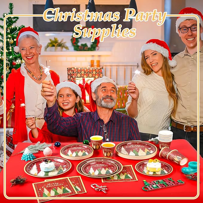 200Pcs Christmas Paper Plates Napkins and Cups Set, Xmas Disposable Party Dinnerware with Merry Tree Design, Holiday Tableware Supplies,Serves 50