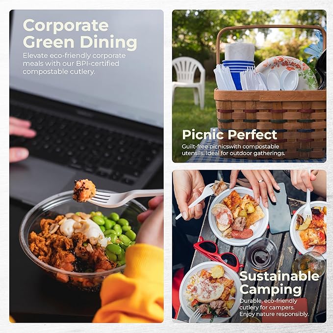 100% Compostable Forks 150 Large biodegradable forks Disposable Compostable Cutlery Silverware Utensils durable and heat resistant alternative to plastic forks with convenient tray by KOALALOVE