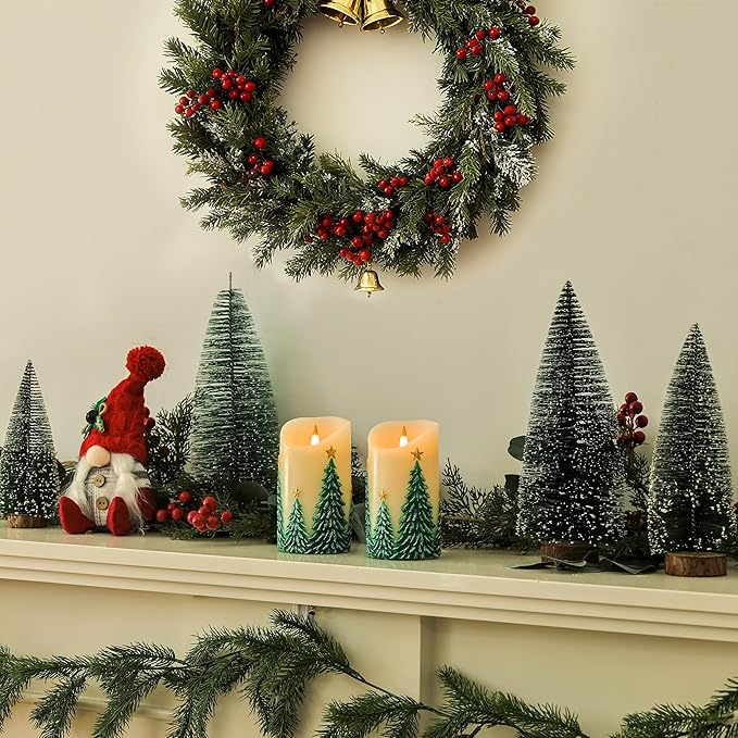 Christmas Tree Flameless Candles with Remote and Timer, Real Wax LED Pillar Candle with Flickering Flame, Embossed Design, Battery Operated Candles Xams Holiday Home Décor