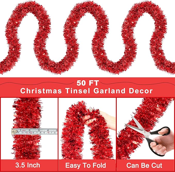 50FT Red Christmas Tinsel Garland Metallic Twist Xmas Garland for Christmas Tree Decorations Holiday Hanging Garlands for Mantel Staircase Indoor Outdoor Home Office Classroom Party Holiday Decor