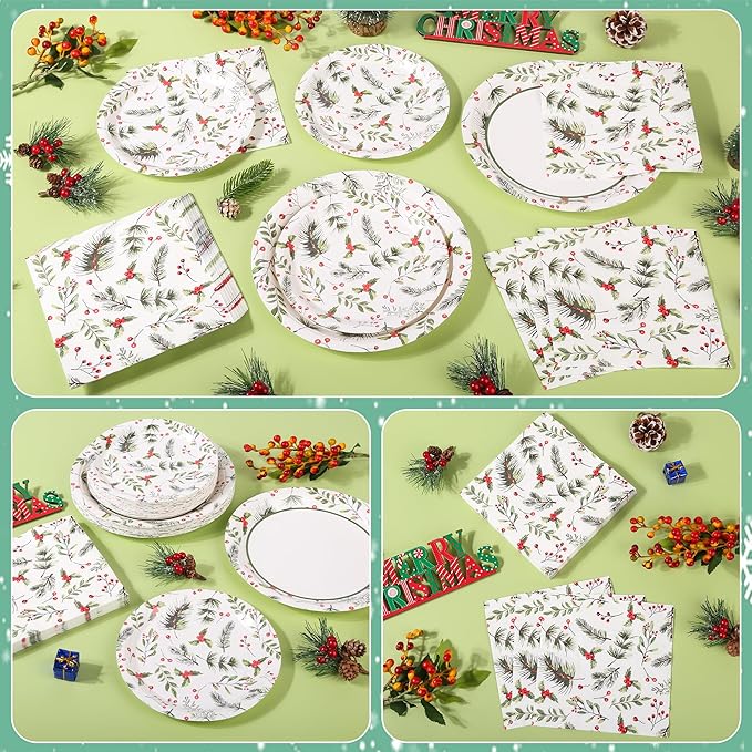150Pcs Christmas Plates and Napkins Set Christmas Paper Plates Merry Holly Berries Disposable Holiday Paper Plate Dinnerware for Xmas Holiday Winter Party,Serves 50