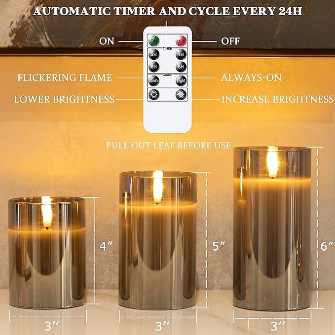 LUSHABOR Flameless Candles with Remote, 3 Pack Glass Battery Operated Candles with Timer, Real Wax Glass LED Candles Flickering Wedding Home Party Christmas D3 H4 5" 6" Grey