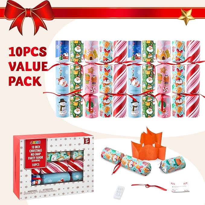 JOYIN 10 Pack Christmas No-Snap Party Favor, Xmas Table Favor Includes Party Hat, Jokes & Gifts, Christmas Table Decorations for Holiday Dinner Traditions Party Supplies, Stocking Stuffers for Kids