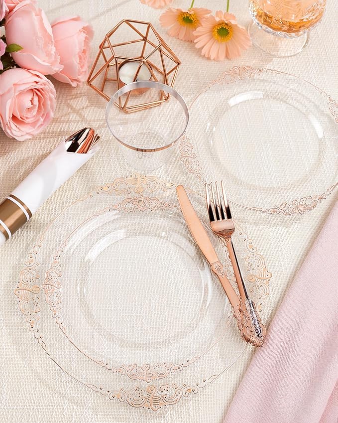 Nervure 175PCS Rose Gold Plastic Plates - Disposable Rose Gold Party Plates & Pre Rolled Napkins with Cutlery for 25 Guests, 50Plates, 75Silverware, 25Cups, 25Napkin for Wedding & Party