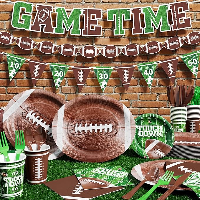 Ecomore 173PCS Football Party Decoration (Serve 24), Easter Decoration Football Birthday Party Supplies with Disposable Paper Plate Napkin Cup Cutlery Banners Touchdown Tablecloth Tailgate Party Decor