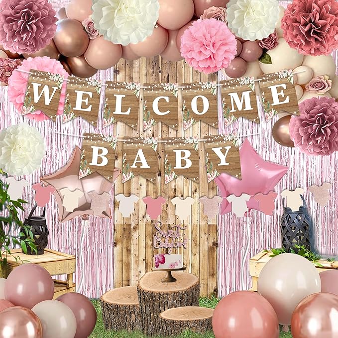 Dusty Pink Baby Shower Decoration, Girl Baby Shower Decor Set with Welcome Baby Banner,Tissue Pom Poms,Sweet Baby-girl Cake Topper,Retro Blush Rosegold Balloon,Boho Baby Gril Shower Party Supplies