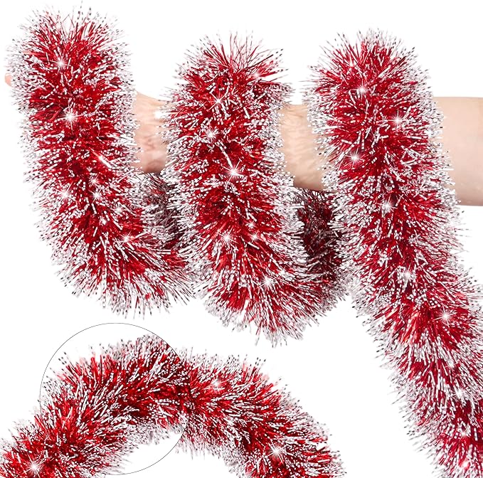 50FT Red White Christmas Tinsel Garland, Metallic Twist Xmas Garlands for Christmas Tree Decorations, Holiday Hanging Garlands for Mantel Staircase Indoor Outdoor Home Office Party Holiday Decor
