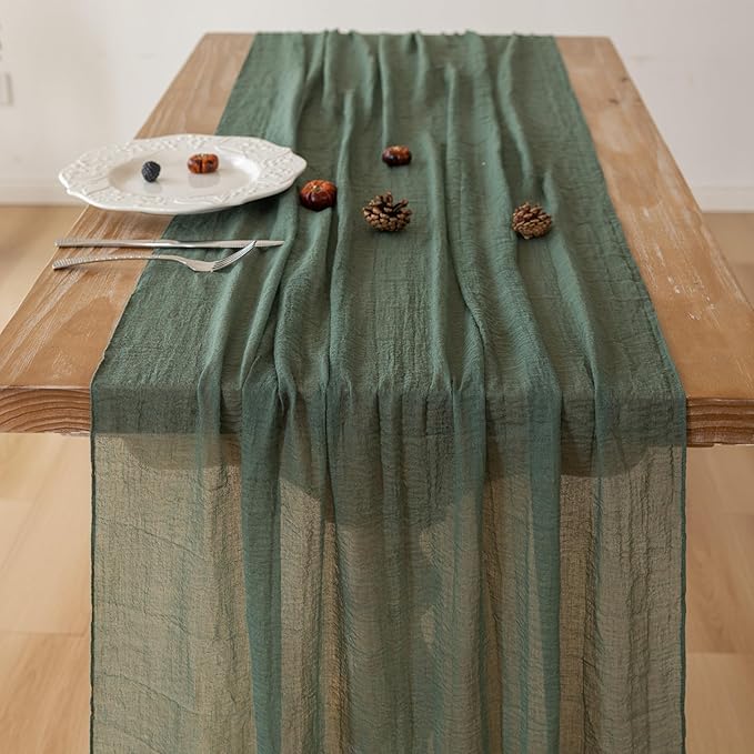 3Pcs Forest Green Gauze Rustic Cheesecloth Table Runner 120 Inch 10 FT for Wedding Baby Shower Bridal Shower Birthday Engagement Garden Outdoor Party Long Sheer Boho Decorations