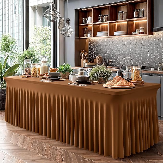 1 Pack Brown Table Clothes for 6 Foot Rectangle Tables, One-Piece Wrinkle Resistant Stretch Spandex Table Covers with Skirt for Event Banquet Wedding Birthday Party