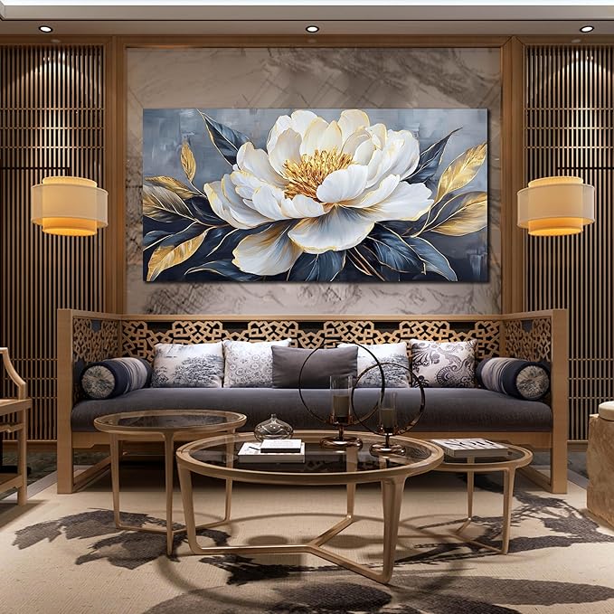 AOZEMI Floral Wall Decorations White Pictures Flowers Wall Art Modern Canvas Plant Gold Wall Decor for Living Room Bedroom Big Artwork 29"x 59"
