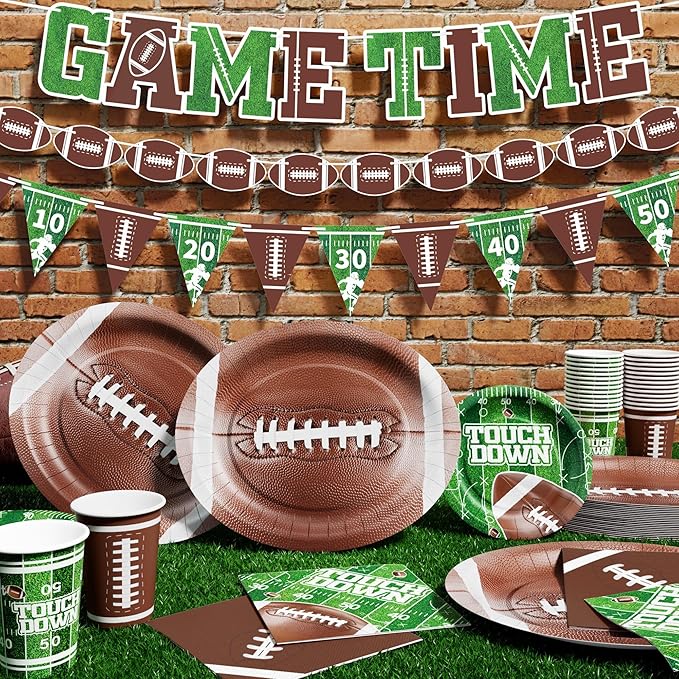 Ecomore 205PCS Football Party Decorations (Serves 50), Easter Decoartion Football Birthday Party Supplies with Disposable Paper Plates and Napkin Cup Banner Touchdown Tablecloth Graduation Party Decor