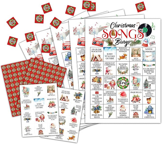 Christmas Song Bingo, Christmas Bingo, Holiday Bingo Game for Adults Families Large Group, Christmas Party Favors, Christmas Musical Party Games, 24 Players Bingo Cards, D05