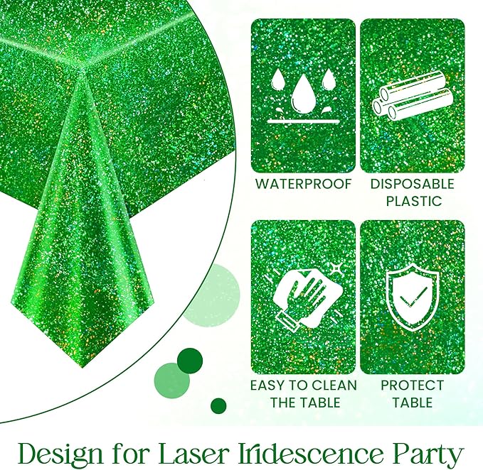 1 pcs Green Holographic Laser Tablecloth 40" x 108" Christmas Table Cloth Shimmer Shining Plastic Metallic Table Cover for Jungle Safari Wild One Baby Shower Birthday Party Decoration Supplies