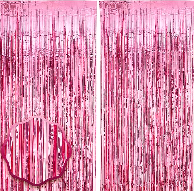 2 Pack Pink Tinsel Foil Fringe Curtains, Pink Party Decorations, Metallic Tinsel Party Streamers Backdrop for Birthday Baby Shower Graduation Wedding Bachelorette Party Decorations