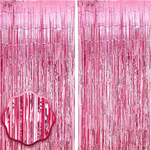 2 Pack Pink Tinsel Foil Fringe Curtains, Pink Party Decorations, Metallic Tinsel Party Streamers Backdrop for Birthday Baby Shower Graduation Wedding Bachelorette Party Decorations
