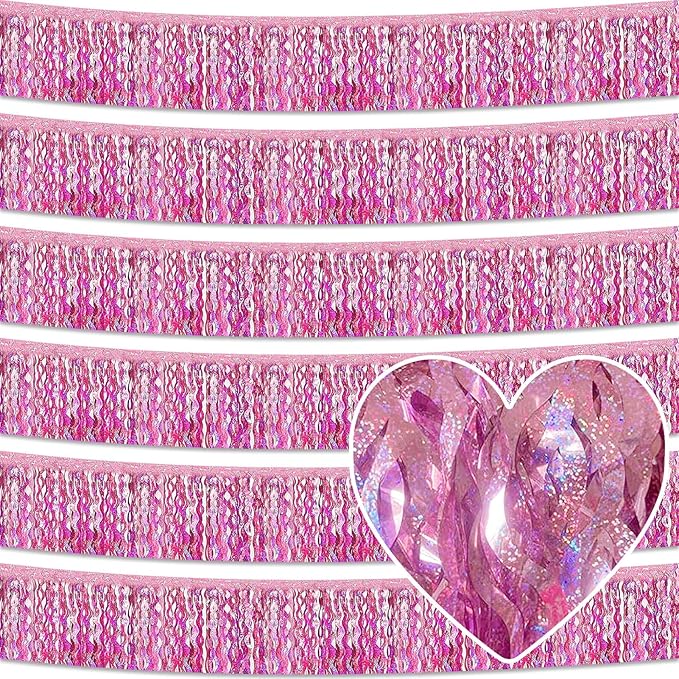 6 Pack 10 Feet Pink Wave Foil Fringe Garland Metallic Tinsel Streamers Banner Wall Hanging Curtain Backdrop for Parade Floats, Mother's Day, Easter, Bachelorette, Wedding Party Decoration