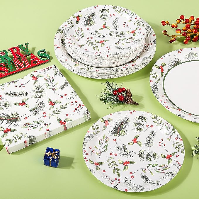 150Pcs Christmas Plates and Napkins Set Christmas Paper Plates Merry Holly Berries Disposable Holiday Paper Plate Dinnerware for Xmas Holiday Winter Party,Serves 50