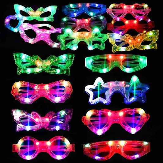 72 Packs LED Glasses for kids Glow in the dark Party Supplies Favor,6 LED 6 Shapes Glasses Flashing Plastic Light up Glass Toys Bulk 3 Replaceable Battery fit Halloween Christmas Thanksgiving