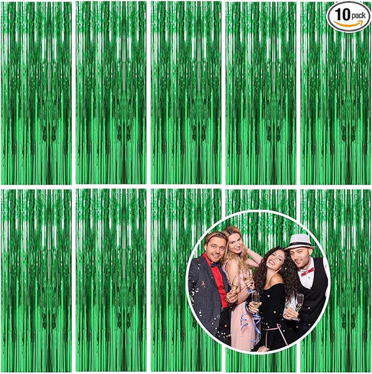 10 Pack Foil Curtain Backdrop Green Metallic Tinsel Foil Fringe Curtains Photo Booth Props for Birthday Wedding Engagement Baby Shower Bachelorette Christmas Holiday Celebration Party