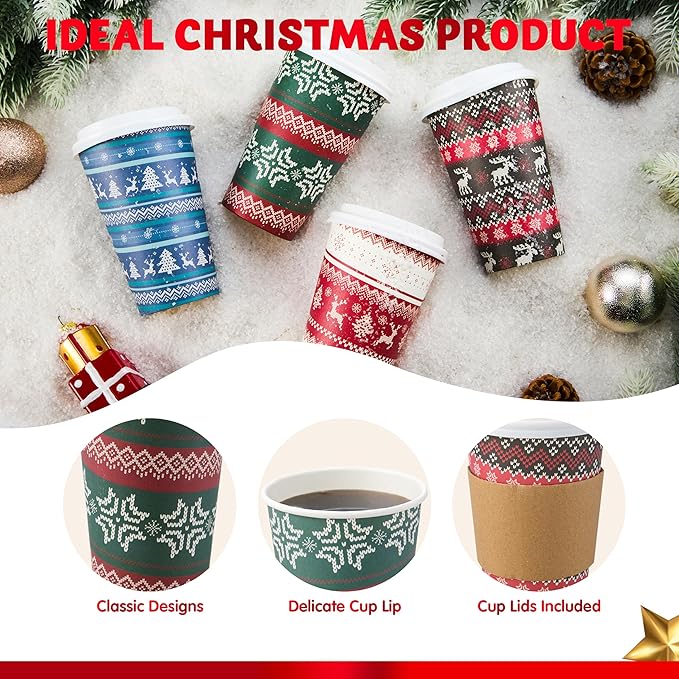 JOYIN 24 PCS Christmas Disposable Paper Cups, 16 oz Merry Christmas Party Cups With Sleeves and Lids, 4 Designs Xmas Drinkware Winter Drinkware, Tableware Holiday Party Supplies