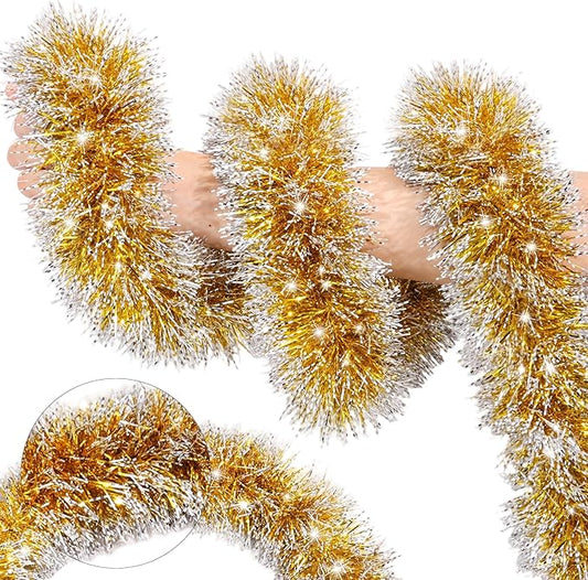 50FT Gold White Christmas Tinsel Garland, Metallic Twist Xmas Garlands for Christmas Tree Decorations, Holiday Hanging Garlands for Mantel Staircase Indoor Outdoor Home Office Party Holiday Decor