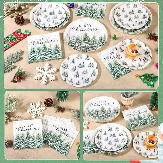 150Pcs Christmas Paper Plates and Napkins Set, Xmas Disposable Party Dinnerware with Merry Green Tree Design, Holiday Tableware Winter Supplies,Serves 50