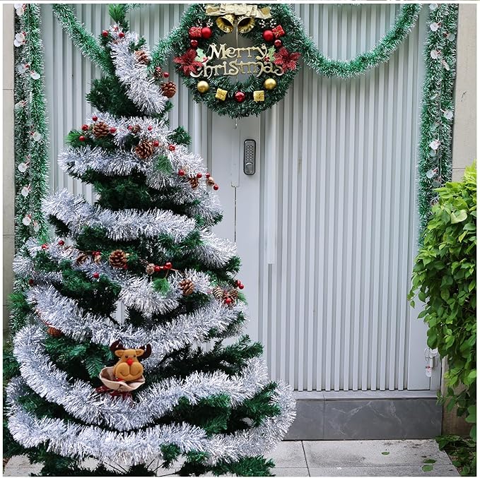 50Ft Christmas Tinsel Garland, Silver Snowflake Metallic Twist Garland for Xmas Tree Decorations, Tinsel for New Year Party Ceiling Hanging Decorations Indoor and Outdoor Decor