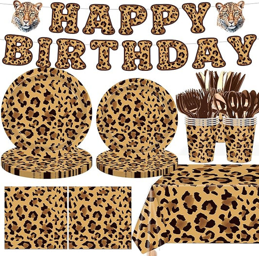 142PCS Leopard Print Party Decorations,Jungle Animal theme Decorations Include Tableware, Plate, Cup, Napkin, Cutlery, Animal Cheetah Print Birthday Party Supplies Serve 20