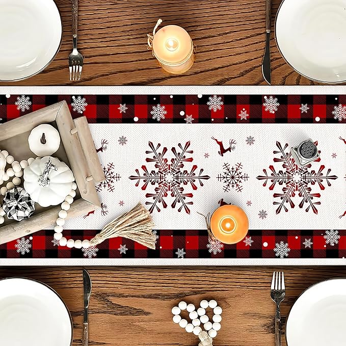 OYIMUA Buffalo Plaid Snowflakes Red Christmas Table Runner, Seasonal Winter Kitchen Dining Table Decoration for Home Party Xmas Decor 13x72 Inch