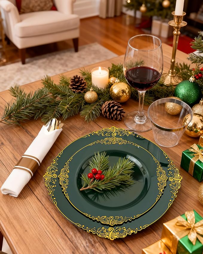 Nervure 175PCS Green Plastic Plates - Disposable Green Gold Party Plates & Pre Rolled Napkins with Cutlery for 25 Guests, 50Plates, 75Silverware, 25Cups, 25Napkin for Wedding & Party