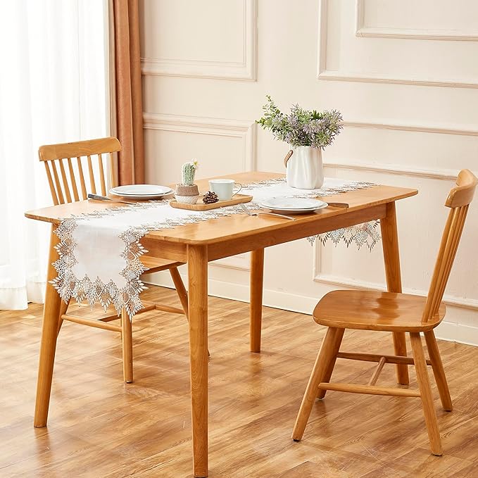 Natural Linen Table Runner 120 inches Neutral Earth Tones Beige Lace Handcrafted Coffee Table Runners Dresser Scarf for Spring Easter Summer Kitchen Wedding Party (16”x120”, White)