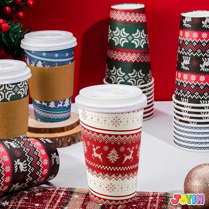 JOYIN 24 PCS Christmas Disposable Paper Cups, 16 oz Merry Christmas Party Cups With Sleeves and Lids, 4 Designs Xmas Drinkware Winter Drinkware, Tableware Holiday Party Supplies
