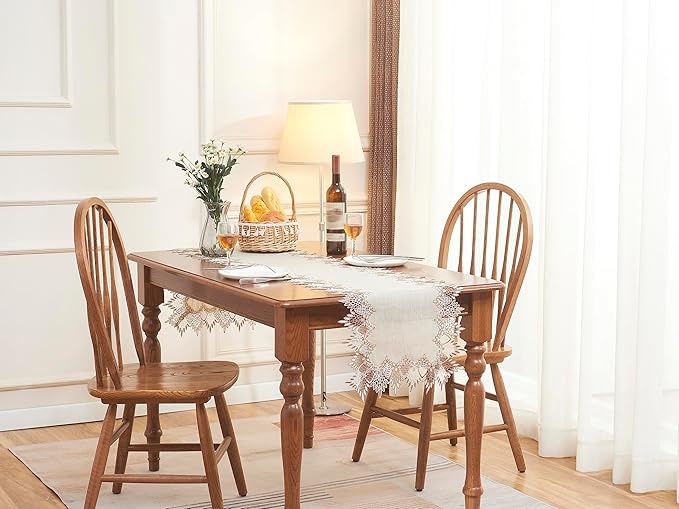 Natural Linen Table Runner 36 inches Neutral Earth Tones Beige Lace Coffee Table Runners Dresser Scarf for Spring Easter Summer Kitchen Wedding Party, Machine Washable