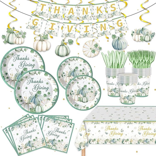 123PCS Autumn Thanksgiving Party Supplies for Fall Pumpkin Themeds Party Decorations Harvest Tableware Set for Kids Childs Leaves Dessert Plates Napkins Cups with Tablecloth and Banner for 20 Guests