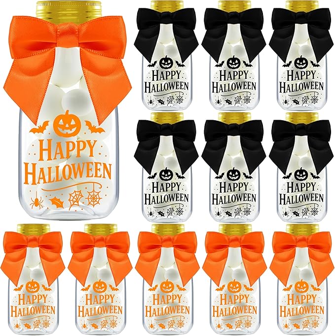 Halloween Decorations Plastic Jars – Spooky 12 Pack Candy Containers & Kid Party Favor Jars for Trick or Treat, Haunted House Parties, and Table Centerpieces Decor - Cute Potion Bottles Gift