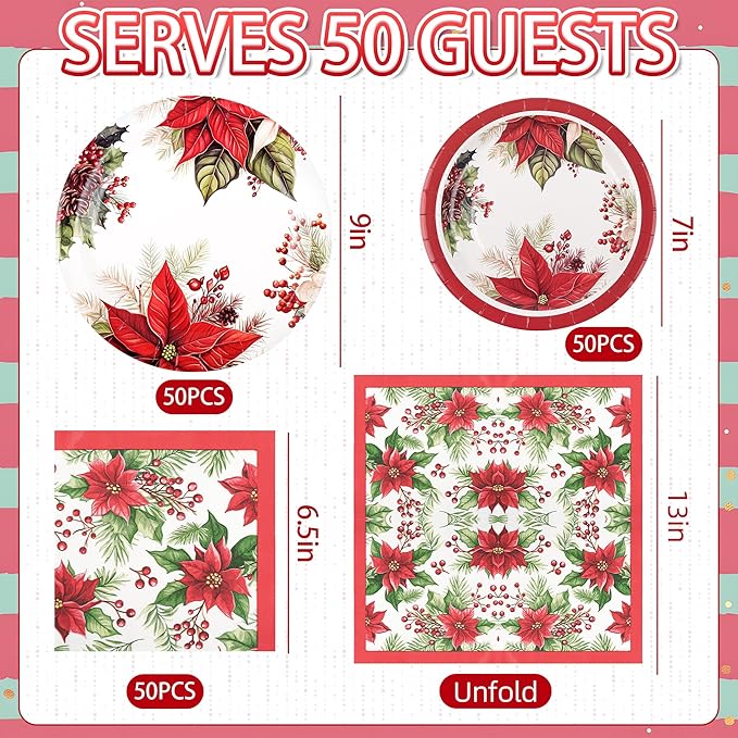 150Pcs Christmas Paper Plates and Napkins Set Christmas Poinsettia Flowers Design Disposable Holiday Plates Dinnerware for Xmas Holiday Winter Party,Serves 50