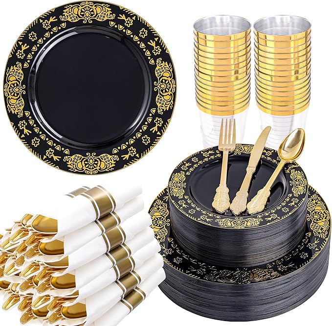 GATHER 350PCS Black and Gold Plastic Plates - Gold Disposable Dinnerware Set Include 50 Dinner Plates, 50 Dessert Plates, 150 Gold Plastic Silverware, 50 Napkins, 50 Cups for Wedding & New Year