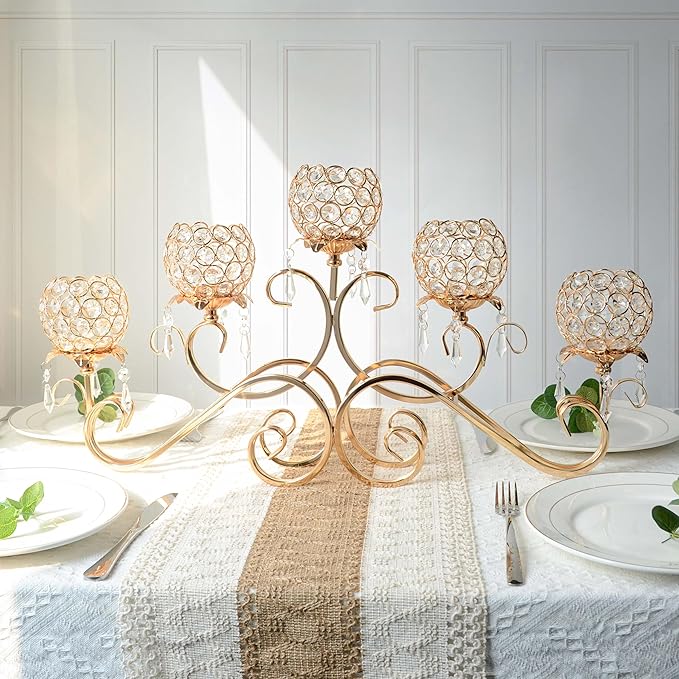 Gold 5 Arms 26.8 Inches Wide Crystal Pendant Bowl Tea Light Candle Holder, Large Bling Centerpiece Table Decorations, Metal Votive Candle Holders for Dining Table (Gold, Bowl-Shaped)