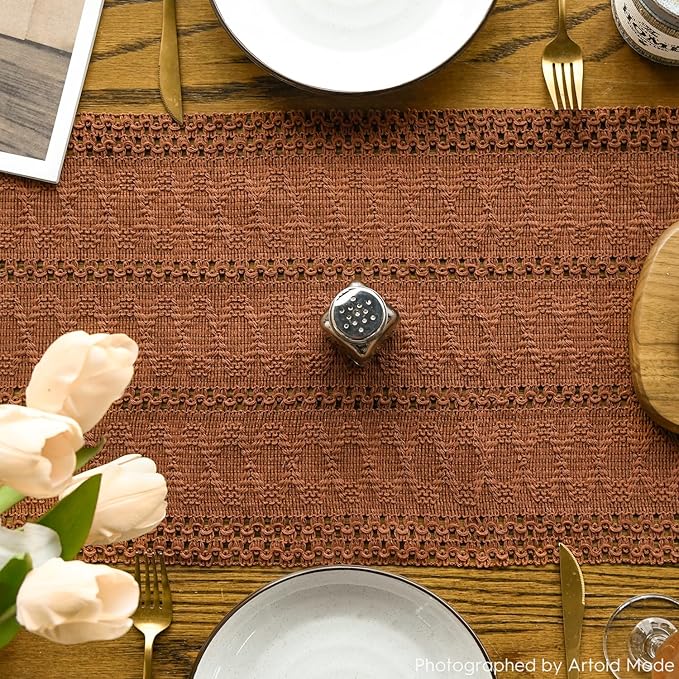 Artoid Mode Caramel Farmhouse Woven Rustic Hollow Table Runner, Seasonal Holiday Hollow Kitchen Dining Table Decoration for Home Party Decor 12x72 Inch