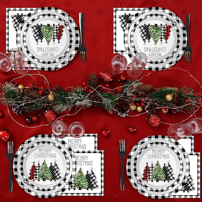 96 Pieces Buffalo Plaid Christmas Tree Tableware Set for Christmas Party Black and White Gingham Buffalo Plaid Decorations Disposable Dessert Paper Plates Napkins Forks for 24 Guests