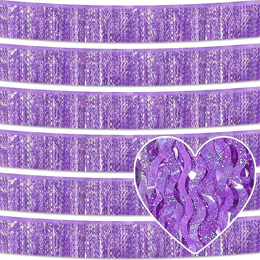 6 Pack 10 Feet Light Purple Wave Foil Fringe Garland Metallic Tinsel Streamers Banner Wall Hanging Curtain Backdrop for Parade Floats, Mother's Day, Easter, Bachelorette, Wedding Party Decoration