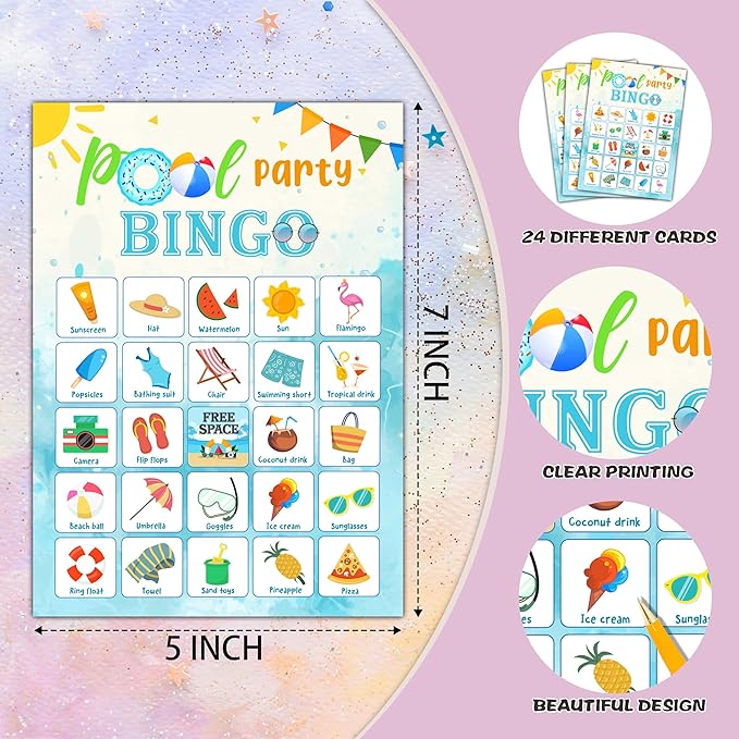 Pool Party Bingo Cards, Summer Bingo Games for 24 Players, Pool Party Games for Family Friends Large Group Activities, Pool Party Favors Supplies Decorations(21)